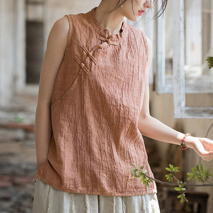 Buddha Stones夏用タイダイフロッグボタンラミーコットンノースリーブレディースベスト - ピーチパフ - US4、 UK/AU8、EU36（女性） - image 1