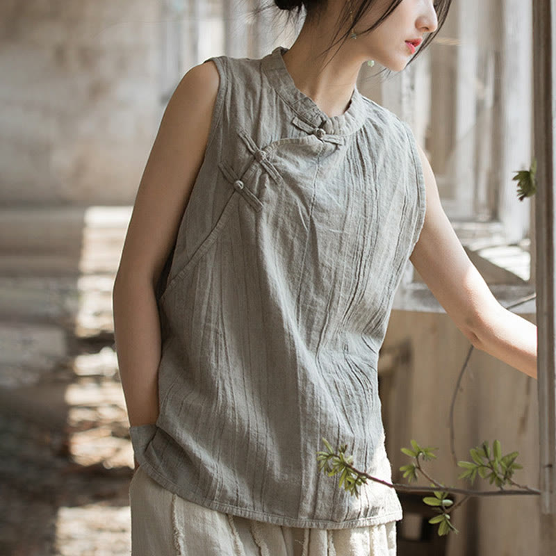 Buddha Stones夏用タイダイフロッグボタンラミーコットンノースリーブレディースベスト - ライトグレー - US4、 UK/AU8、EU36（女性） - image 20