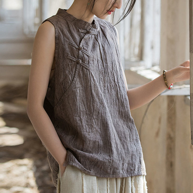 Buddha Stones夏用タイダイフロッグボタンラミーコットンノースリーブレディースベスト - タン - US4、 UK/AU8、EU36（女性） - image 13