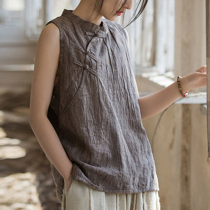 Buddha Stones夏用タイダイフロッグボタンラミーコットンノースリーブレディースベスト - タン - US4、 UK/AU8、EU36（女性） - image 13
