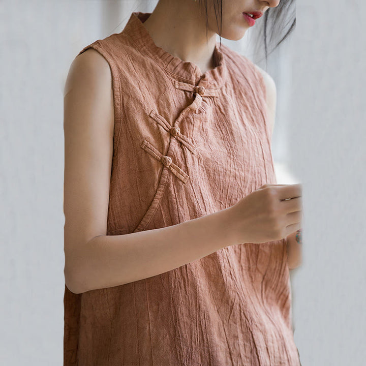 Buddha Stones夏用タイダイフロッグボタンラミーコットンノースリーブレディースベスト - image 5