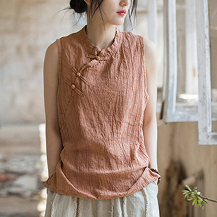 Buddha Stones夏用タイダイフロッグボタンラミーコットンノースリーブレディースベスト - image 11