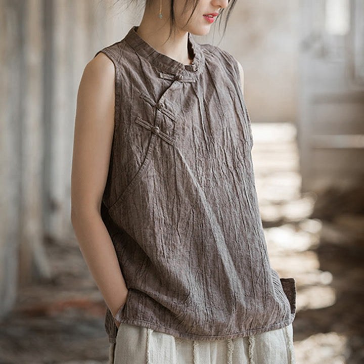 Buddha Stones夏用タイダイフロッグボタンラミーコットンノースリーブレディースベスト - image 16