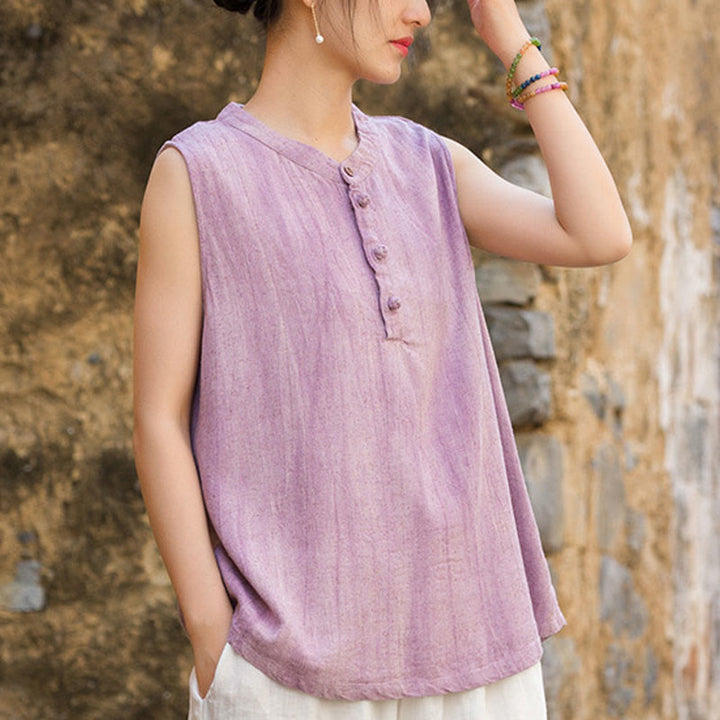 Buddha Stones夏 タイダイボタン リネン ノースリーブ レディース ベスト - 梅 - US4-6、 UK/AU8-10、 EU36-38 (F) - image 10