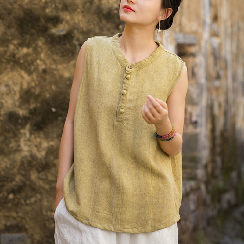 Buddha Stones夏 タイダイボタン リネン ノースリーブ レディース ベスト - ペールゴールデンロッド - US4-6、 UK/AU8-10、 EU36-38 (F) - image 1