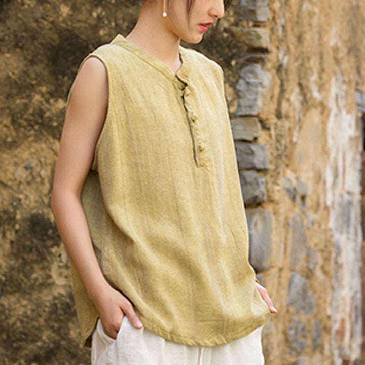 Buddha Stones夏 タイダイボタン リネン ノースリーブ レディース ベスト - image 3