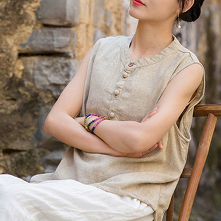 Buddha Stones夏 タイダイボタン リネン ノースリーブ レディース ベスト - image 27