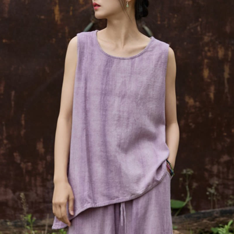 Buddha Stonesサマータイダイリネンクルーネックノースリーブレディースベスト - 梅 - US4、 UK/AU8、EU36（女性） - image 1