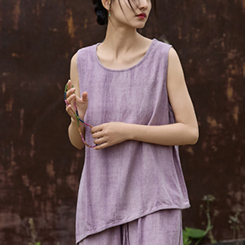 Buddha Stonesサマータイダイリネンクルーネックノースリーブレディースベスト - image 3