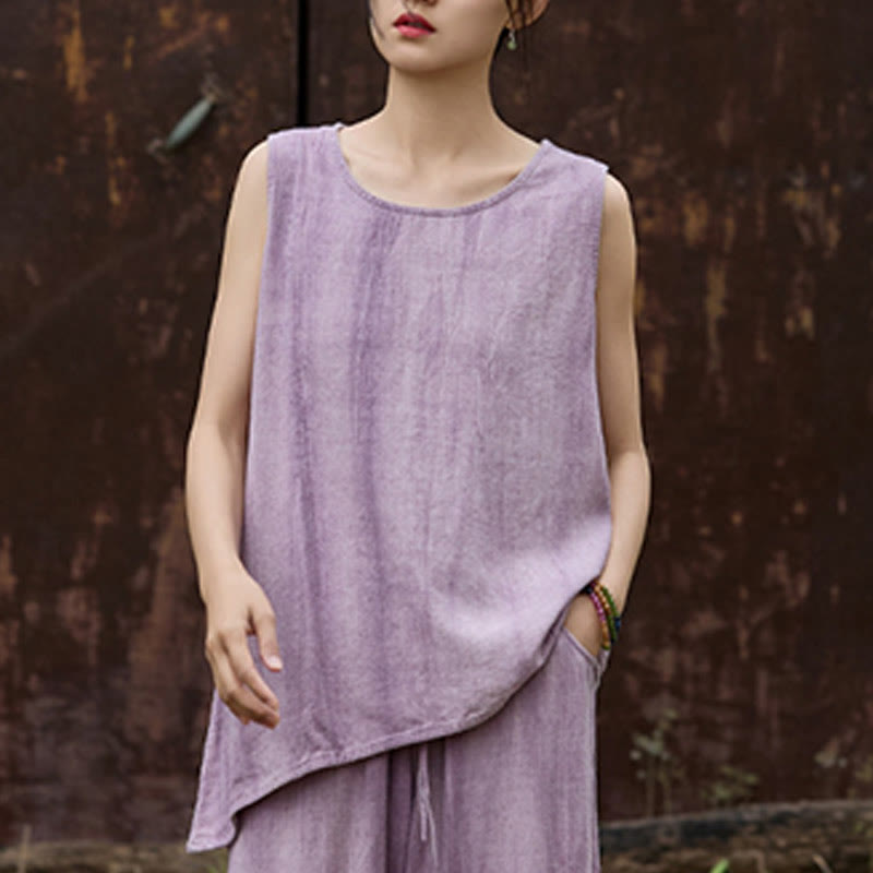 Buddha Stonesサマータイダイリネンクルーネックノースリーブレディースベスト - image 5