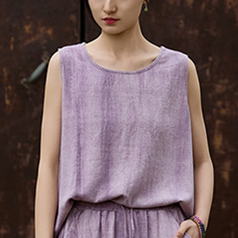Buddha Stonesサマータイダイリネンクルーネックノースリーブレディースベスト - image 6