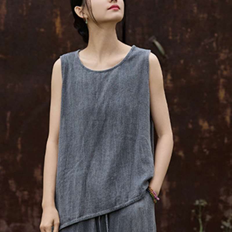 Buddha Stonesサマータイダイリネンクルーネックノースリーブレディースベスト - image 11