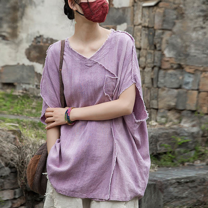 Buddha StonesサマータイダイリネンVネック半袖レディースTシャツ - 梅 - US4-14、 UK/AU8-18、 EU36-46 (F) - image 1