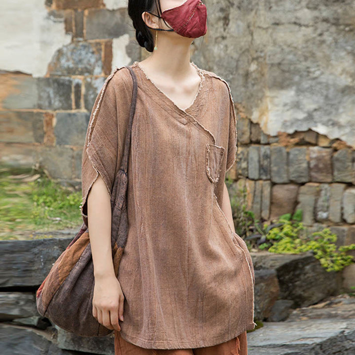 Buddha StonesサマータイダイリネンVネック半袖レディースTシャツ - サンディブラウン - US4-14、 UK/AU8-18、 EU36-46 (F) - image 12