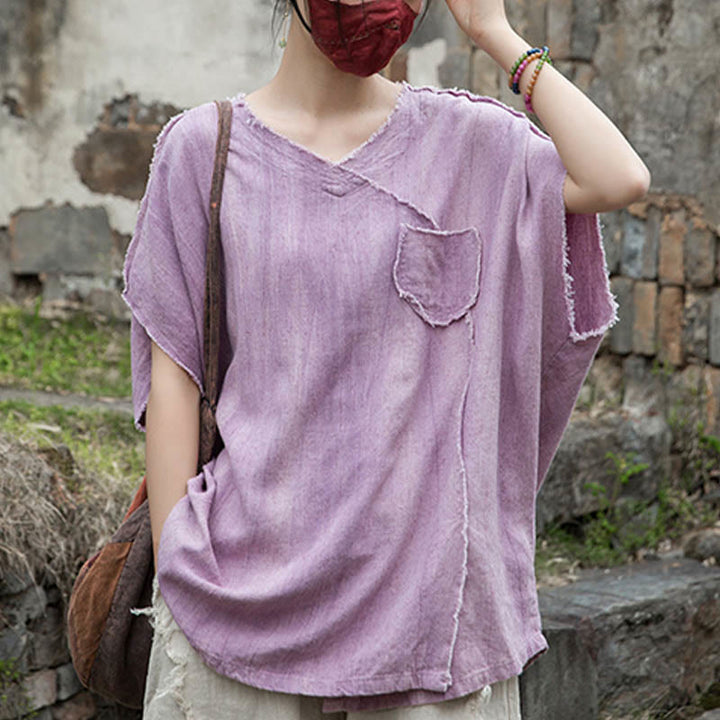 Buddha StonesサマータイダイリネンVネック半袖レディースTシャツ - image 2