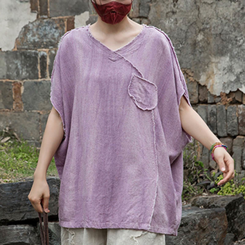 Buddha StonesサマータイダイリネンVネック半袖レディースTシャツ - image 6