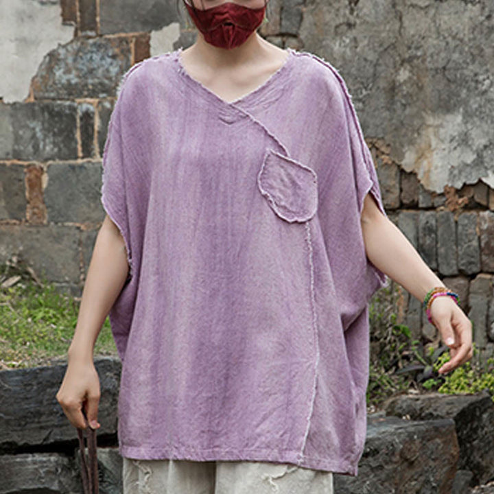 Buddha StonesサマータイダイリネンVネック半袖レディースTシャツ - image 6