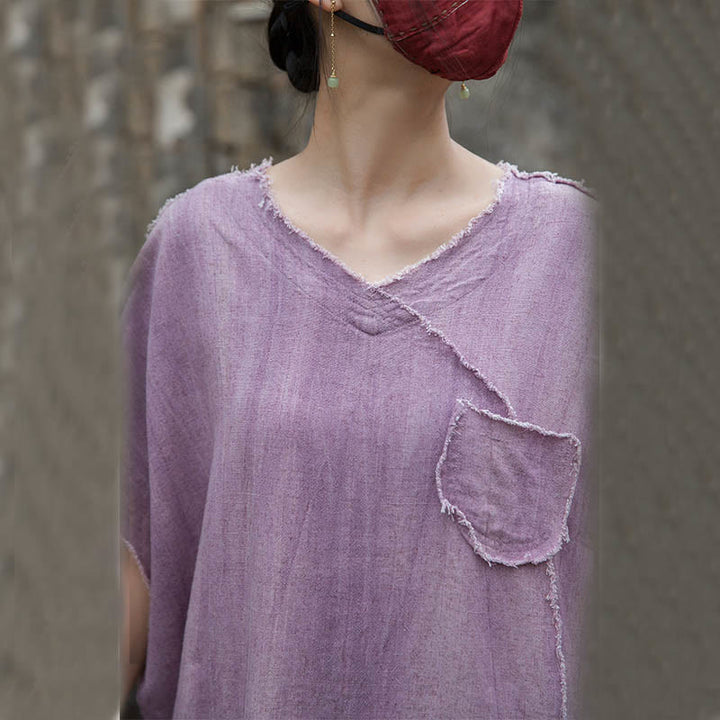 Buddha StonesサマータイダイリネンVネック半袖レディースTシャツ - image 9