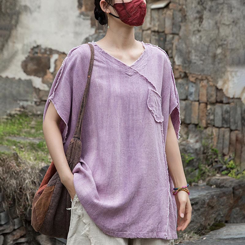 Buddha StonesサマータイダイリネンVネック半袖レディースTシャツ - image 7