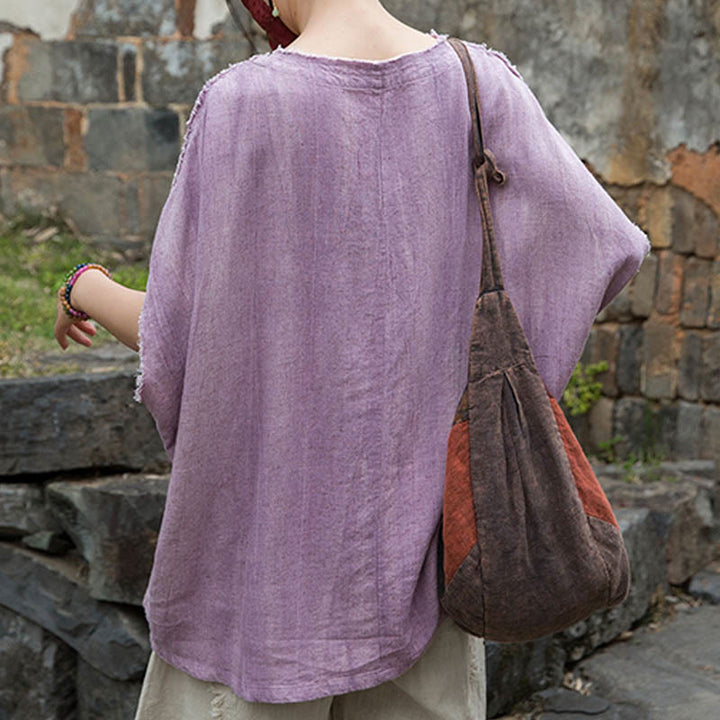 Buddha StonesサマータイダイリネンVネック半袖レディースTシャツ - image 5