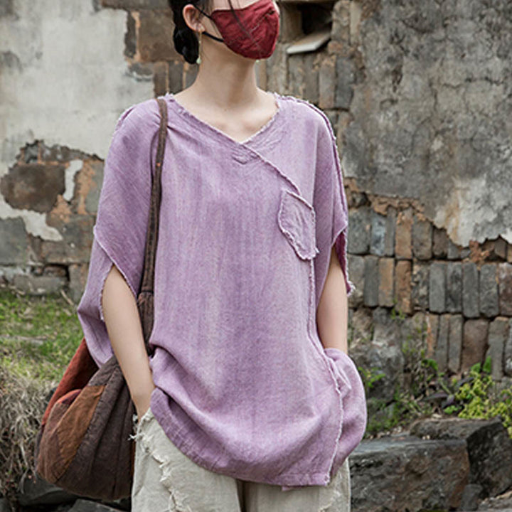 Buddha StonesサマータイダイリネンVネック半袖レディースTシャツ - image 8