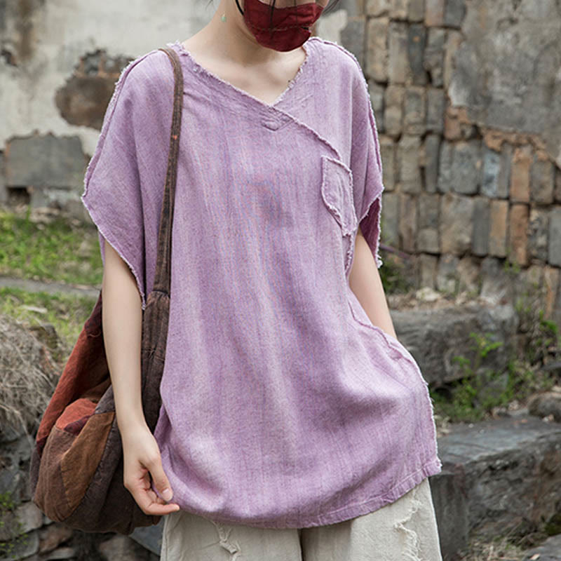 Buddha StonesサマータイダイリネンVネック半袖レディースTシャツ - image 4
