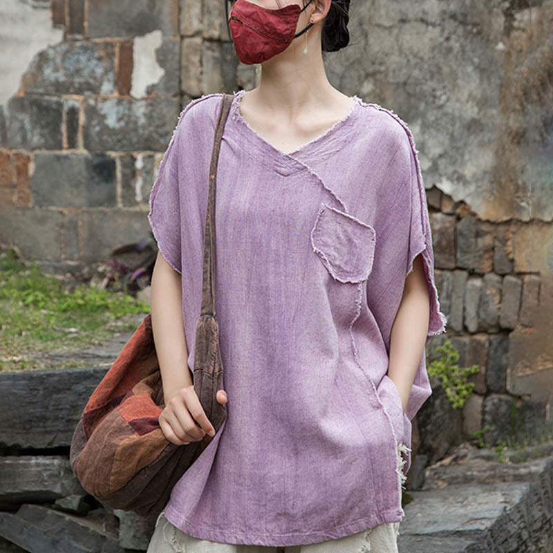 Buddha StonesサマータイダイリネンVネック半袖レディースTシャツ - image 3