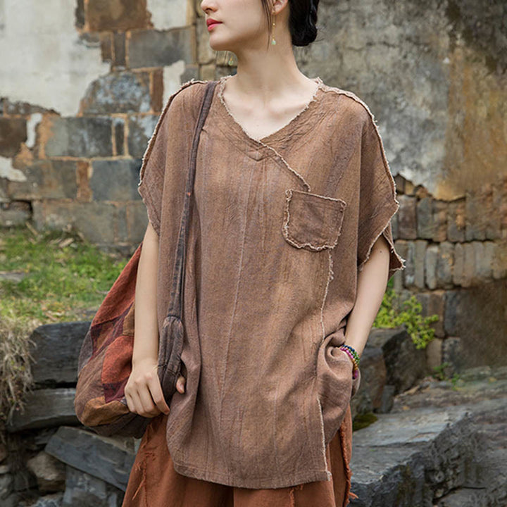 Buddha StonesサマータイダイリネンVネック半袖レディースTシャツ - image 13