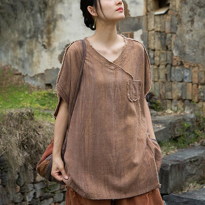 Buddha StonesサマータイダイリネンVネック半袖レディースTシャツ - image 17