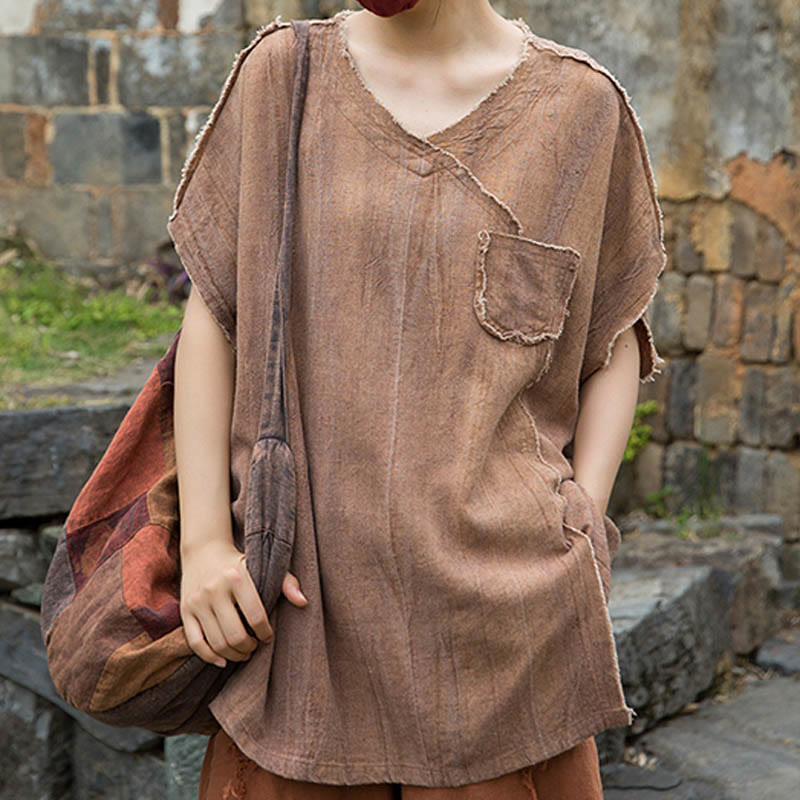 Buddha StonesサマータイダイリネンVネック半袖レディースTシャツ - image 21
