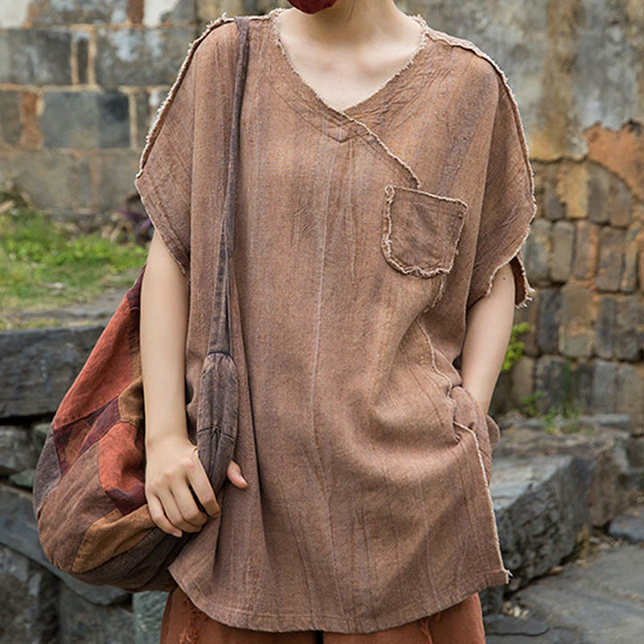 Buddha StonesサマータイダイリネンVネック半袖レディースTシャツ - image 21