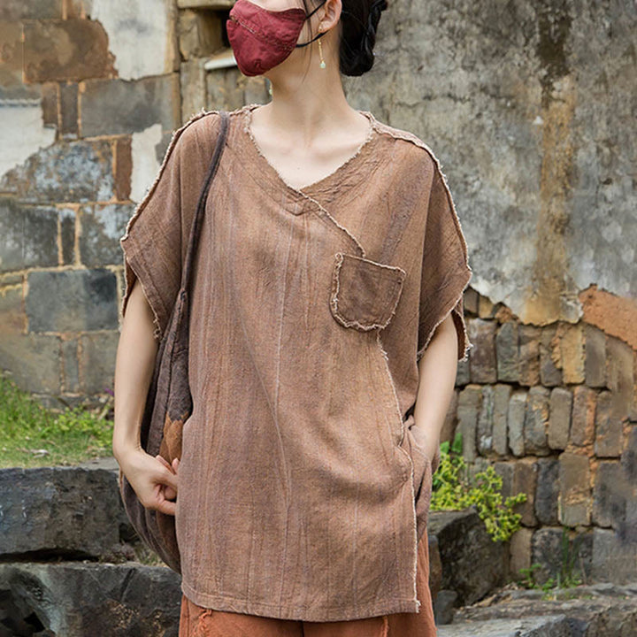Buddha StonesサマータイダイリネンVネック半袖レディースTシャツ - image 20