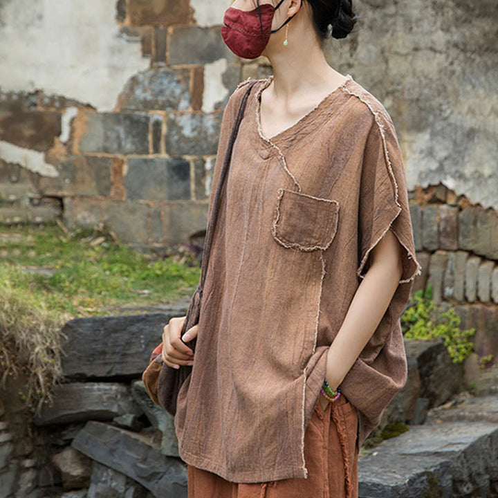 Buddha StonesサマータイダイリネンVネック半袖レディースTシャツ - image 18