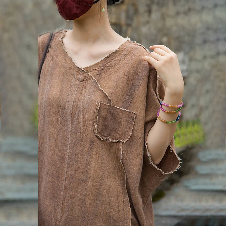 Buddha StonesサマータイダイリネンVネック半袖レディースTシャツ - image 22