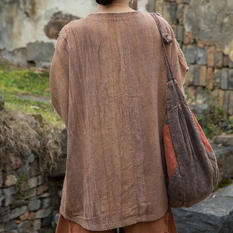 Buddha StonesサマータイダイリネンVネック半袖レディースTシャツ - image 15
