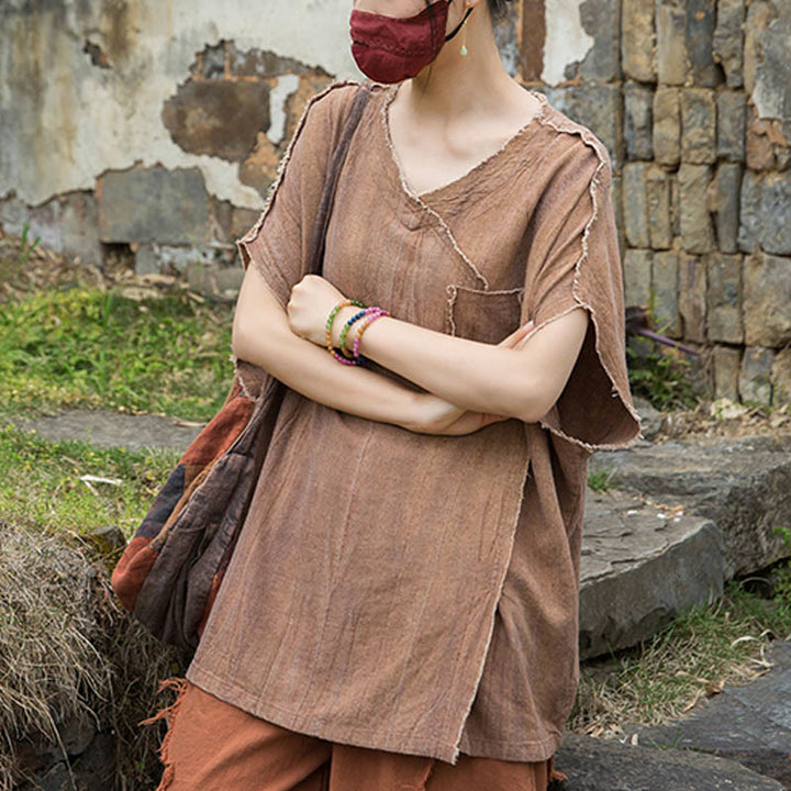 Buddha StonesサマータイダイリネンVネック半袖レディースTシャツ - image 19