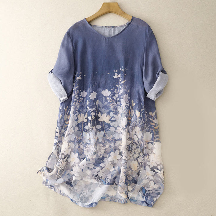 Buddha Stonesホワイトフラワー クルーネック コットン 半袖 レディース シャツ - コーンフラワーブルー - US12、 UK/AU16、 EU44 (2XL) - image 1