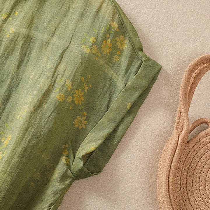 Buddha Stonesと小さな黄色の花と葉のボタンが付いた半袖レディースシャツ - image 5