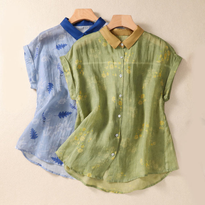 Buddha Stonesと小さな黄色の花と葉のボタンが付いた半袖レディースシャツ - image 1