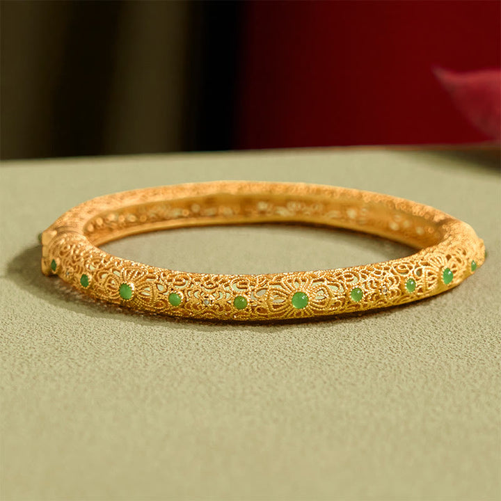 Buddha Stones 中空フィリグリーデザイン銅メッキゴールド開運財運ブレスレットバングル - image 2