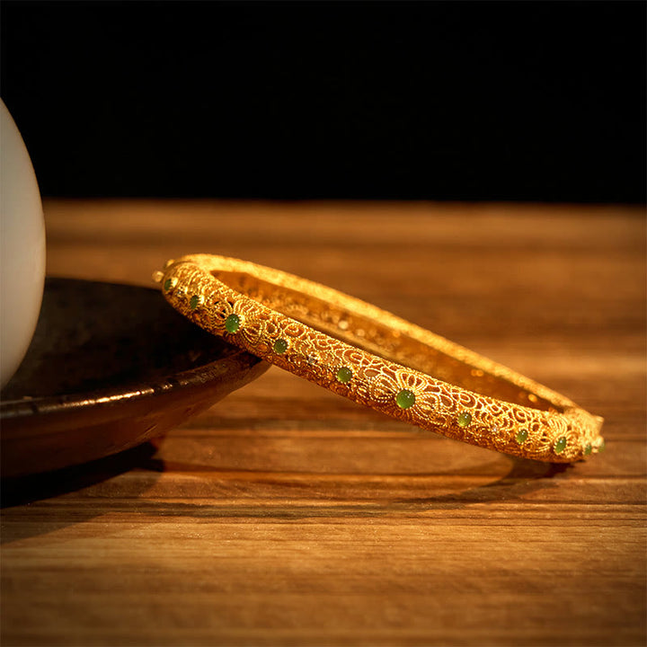 Buddha Stones 中空フィリグリーデザイン銅メッキゴールド開運財運ブレスレットバングル - image 1