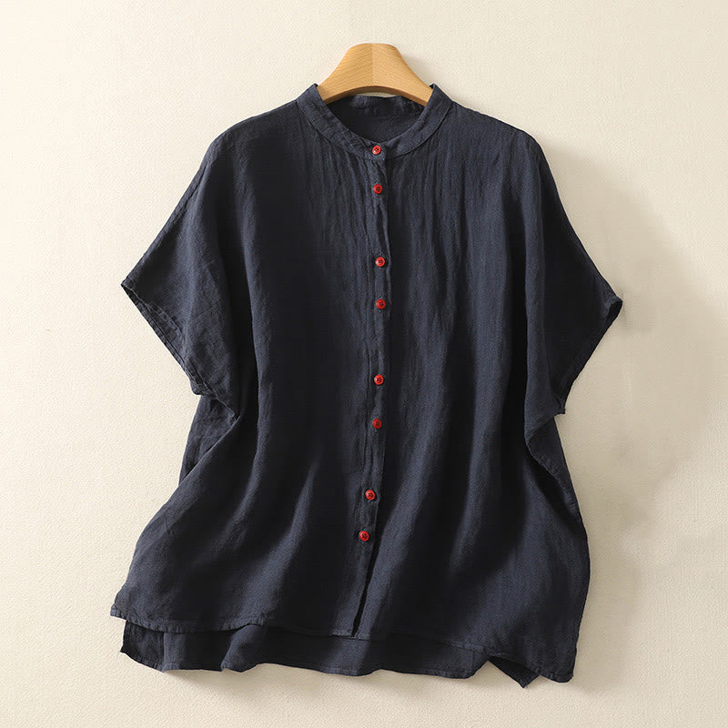 Buddha Stones夏 無地 レッドボタン 半袖 レディース コットンリネンシャツ - ミッドナイトブルー - US14、 UK/AU18、 EU46 (2XL) - image 1