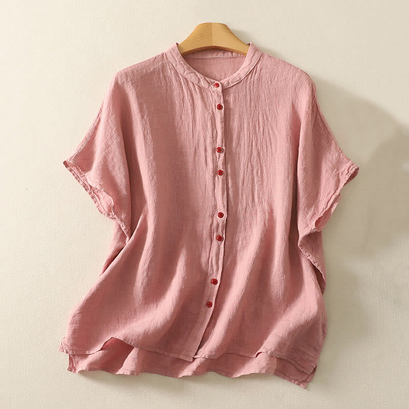 Buddha Stones夏 無地 レッドボタン 半袖 レディース コットンリネンシャツ - ダークサーモン - US14、 UK/AU18、 EU46 (2XL) - image 5