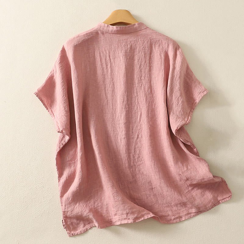 Buddha Stones夏 無地 レッドボタン 半袖 レディース コットンリネンシャツ - image 6