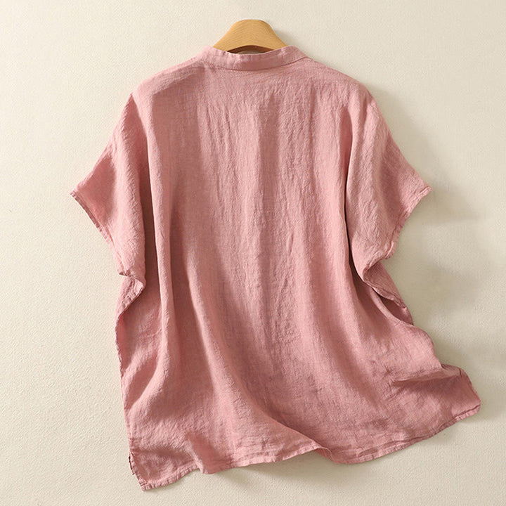 Buddha Stones夏 無地 レッドボタン 半袖 レディース コットンリネンシャツ - image 6