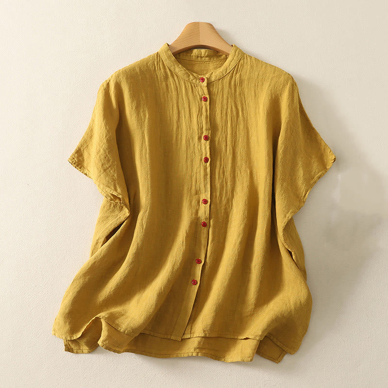 Buddha Stones夏 無地 レッドボタン 半袖 レディース コットンリネンシャツ - ゴールデンロッド - US14、 UK/AU18、 EU46 (2XL) - image 16
