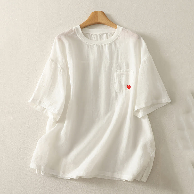 Buddha Stonesカジュアル刺繍 レッドハート 半袖 レディース コットンリネン Tシャツ - 白 - US14、 UK/AU18、 EU46 (2XL) - image 3
