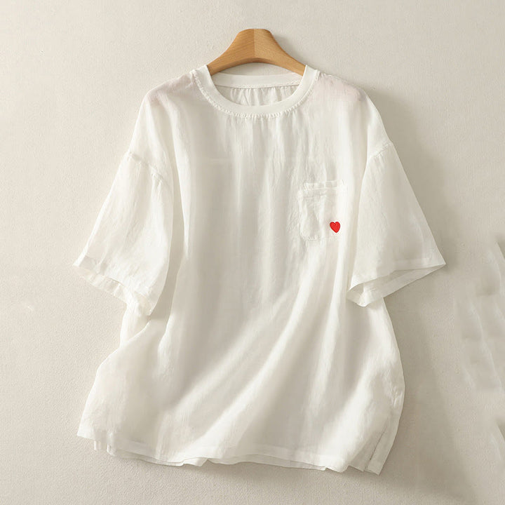 Buddha Stonesカジュアル刺繍 レッドハート 半袖 レディース コットンリネン Tシャツ - 白 - US14、 UK/AU18、 EU46 (2XL) - image 3