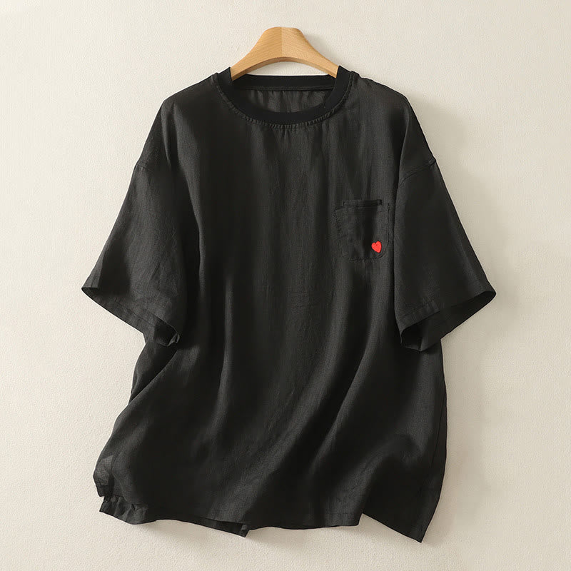 Buddha Stonesカジュアル刺繍 レッドハート 半袖 レディース コットンリネン Tシャツ - 黒 - US14、 UK/AU18、 EU46 (2XL) - image 14