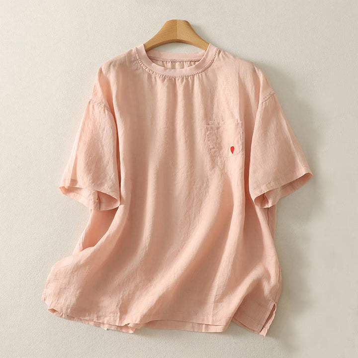 Buddha Stonesカジュアル刺繍 レッドハート 半袖 レディース コットンリネン Tシャツ - ライトサーモン - US14、 UK/AU18、 EU46 (2XL) - image 1